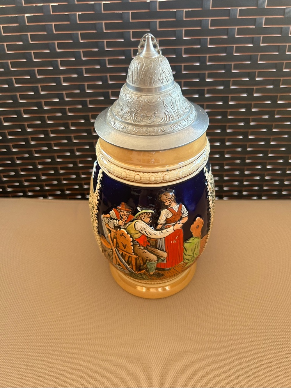 Vintage German Beer Stein with Pewter Lid - Navy Blue & Tan